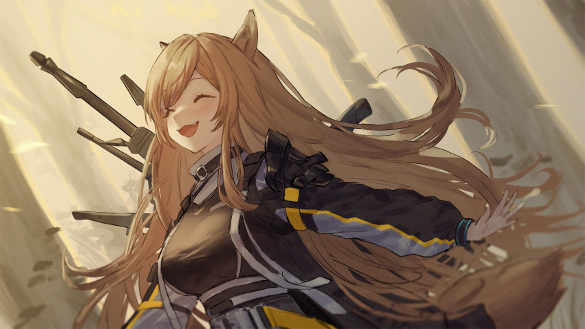 1girl :d ^_^ animal_ears arknights black_jacket blush breasts brown_hair ceobe_(arknights) closed_eyes day dog_ears dog_girl dog_tail fang forest highres jacket jfjf large_breasts long_hair long_sleeves nature open_clothes open_jacket open_mouth outdoors outstretched_arms revision smile solo tail underbust upper_body very_long_hair weapon weapon_on_back