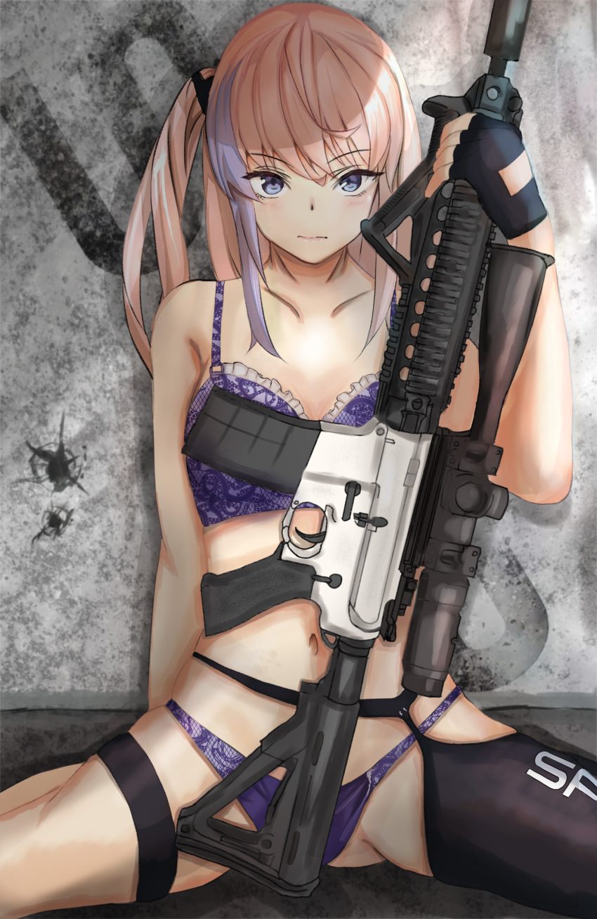 1girl assault_rifle bangs black_gloves black_legwear blue_eyes bra breasts closed_mouth collarbone eyebrows_visible_through_hair fingerless_gloves garter_belt girls_frontline gloves gun hand_on_floor highres holding holding_weapon long_hair looking_at_viewer multicolored_hair navel panties pink_hair purple_bra purple_panties rifle simple_background single_thighhigh sitting sitting_on_floor small_breasts solo spread_legs st_ar-15_(girls_frontline) taishi_karibe thigh-highs underwear wall weapon