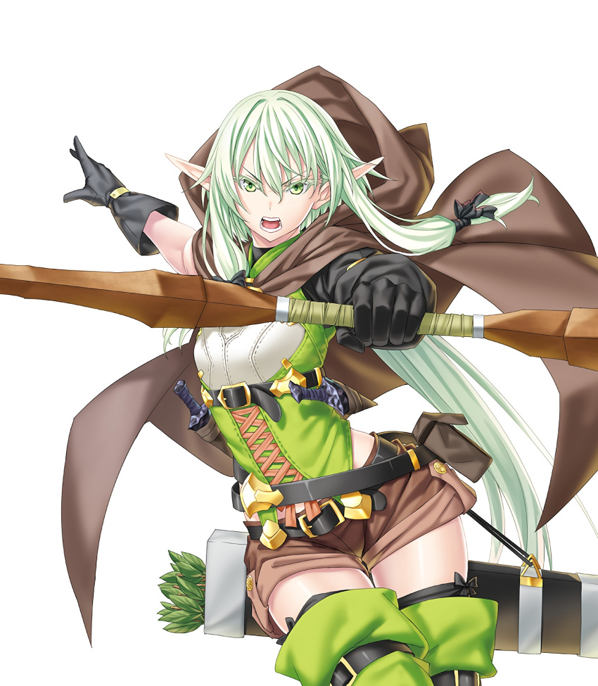 1girl arrow_(projectile) bangs bare_arms black_gloves bow bow_(weapon) brown_cape brown_shorts cape drawn_bow elf eyebrows_visible_through_hair gloves goblin_slayer! green_eyes green_hair hair_bow hair_ornament high_elf_archer_(goblin_slayer!) highres holding holding_bow_(weapon) holding_weapon kannatsuki_noboru knife long_hair non-web_source novel_illustration official_art pointy_ears ponytail quiver shirt shorts simple_background sleeveless sleeveless_shirt solo thigh-highs weapon white_background