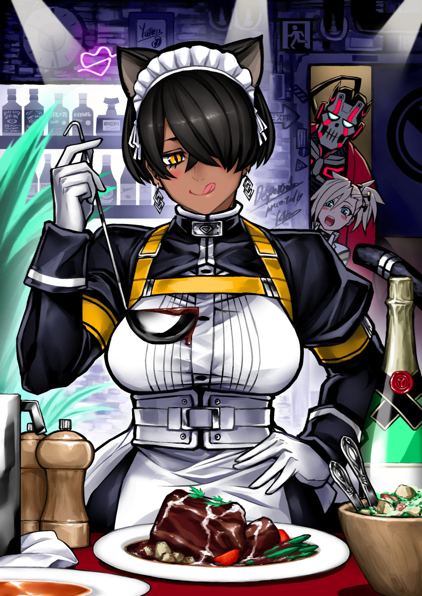 1boy 2girls absurdres animal_ears apron bar black_choker black_hair blush breasts cat_ears champagne_bottle choker commentary_request cooking corset desperado_(yotaro) earrings english_commentary food hair_over_one_eye hand_on_hip harness highres jack_crimson jewelry ladle large_breasts licking_lips maid maid_apron maid_headdress mao_(yotaro) meat metal_skin mixed-language_commentary multiple_girls peeking_out peeping plate short_hair slit_pupils solo_focus tachibana_rikka tongue tongue_out waist_apron wrist_cuffs yellow_eyes yotaro