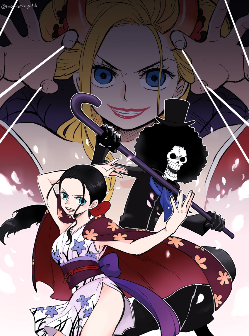 1boy 2girls afro aqua_eyes arm_up bare_arms black_hair black_maria_(one_piece) blonde_hair blue_eyes bow brook cape coat evil_grin evil_smile fighting_stance floating_hair gloves grin hair_bow hand_up hands_up hat highres horns japanese_clothes kimono lipstick long_hair long_sleeves looking_at_viewer makeup multiple_girls nico_robin obi one_piece pants sash skeleton skull smile spoilers sumomo_(momoringo56) top_hat twitter_username v-shaped_eyebrows walking_stick
