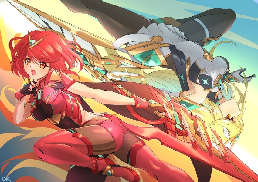 2girls aegis_sword_(xenoblade) bangs bare_shoulders black_gloves black_legwear blonde_hair blush breasts chest_jewel cleavage_cutout clothing_cutout deekei dress earrings elbow_gloves fingerless_gloves fire gem gloves headpiece highres jewelry large_breasts light long_hair looking_at_viewer multiple_girls mythra_(xenoblade) open_mouth pantyhose pyra_(xenoblade) red_eyes red_legwear red_shorts redhead short_dress short_hair short_shorts shorts super_smash_bros. swept_bangs sword thigh-highs thigh_strap tiara very_long_hair weapon white_dress white_gloves xenoblade_chronicles_(series) xenoblade_chronicles_2 yellow_eyes