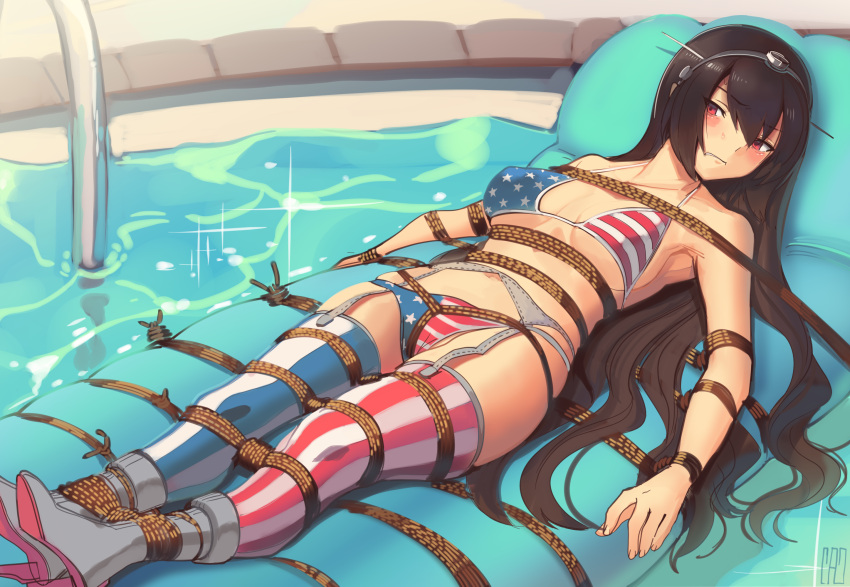 1girl alternate_costume american_flag_bikini american_flag_legwear bdsm bikini black_hair bondage bound breasts commission flag_print garter_belt headgear highres kaddo kantai_collection large_breasts long_hair lying mismatched_legwear nagato_(kancolle) navel on_back red_eyes rope solo striped striped_legwear swimsuit thigh-highs