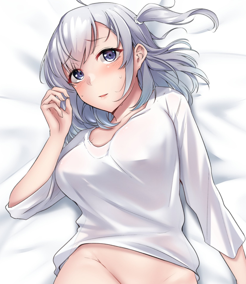 1girl bed_sheet blush breasts eyebrows_visible_through_hair grey_eyes groin highres kantai_collection kiritto large_breasts long_hair long_sleeves one_side_up open_mouth shirt silver_hair solo suzutsuki_(kancolle) sweat upper_body white_shirt