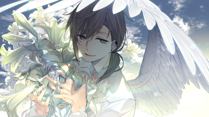 1boy absurdres blue_sky brown_hair clip_studio_paint_(medium) clouds cloudy_sky collarbone collared_shirt commentary_request day ear_piercing earrings feathered_wings flower grey_eyes hands_up highres holding holding_flower jewelry jh kanae_(nijisanji) long_hair long_sleeves looking_at_viewer low_ponytail male_focus mole mole_under_eye nijisanji open_mouth outdoors piercing ponytail shirt single_wing sky smile solo stud_earrings virtual_youtuber white_flower white_shirt white_wings wings