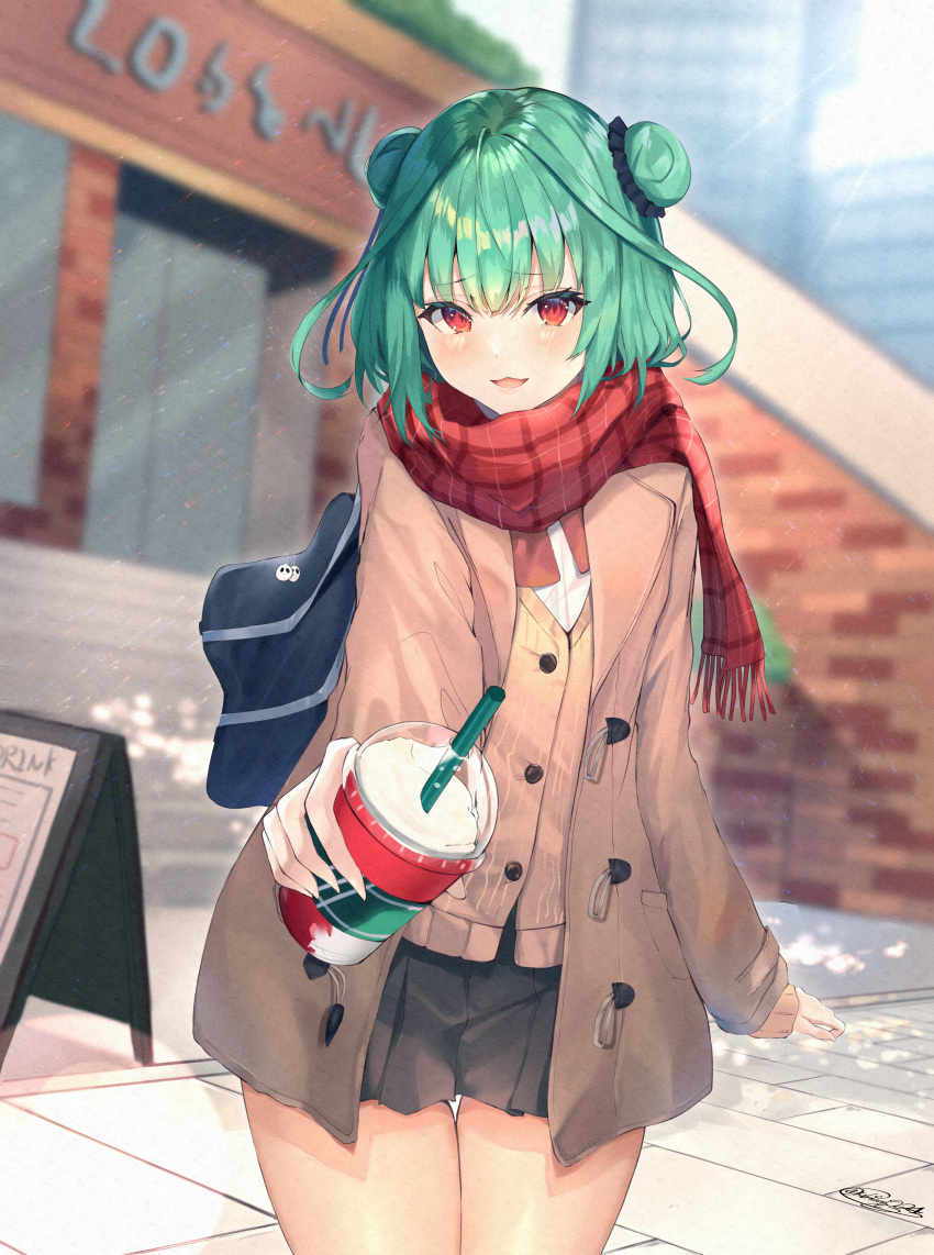 :3 absurdres aqua_hair bag bangs black_skirt brown_jacket buttons cowboy_shot double_bun drinking_straw facing_viewer hair_bun handbag highres hololive huge_filesize jacket looking_at_viewer medium_hair open_mouth outdoors outstretched_arm plaid plaid_scarf print_cup red_eyes red_scarf scarf shiina_aoi skirt sweater_vest thighs twitter_username uruha_rushia virtual_youtuber
