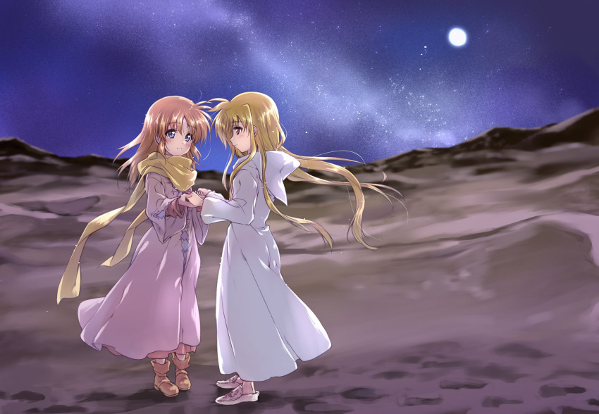 2girls bangs blonde_hair blue_eyes blush brown_footwear brown_hair closed_mouth coat colored_sclera commentary_request commission earth_(planet) eyebrows_visible_through_hair fate_testarossa grey_coat hair_down highres holding_hands hood hood_down hooded_coat horizon kuroi_mimei long_hair long_sleeves looking_at_another lyrical_nanoha mahou_shoujo_lyrical_nanoha multiple_girls on_moon planet red_eyes shoes skeb_commission sky smile space standing star_(sky) starry_sky takamachi_nanoha white_coat white_footwear wide_sleeves wind yellow_sclera