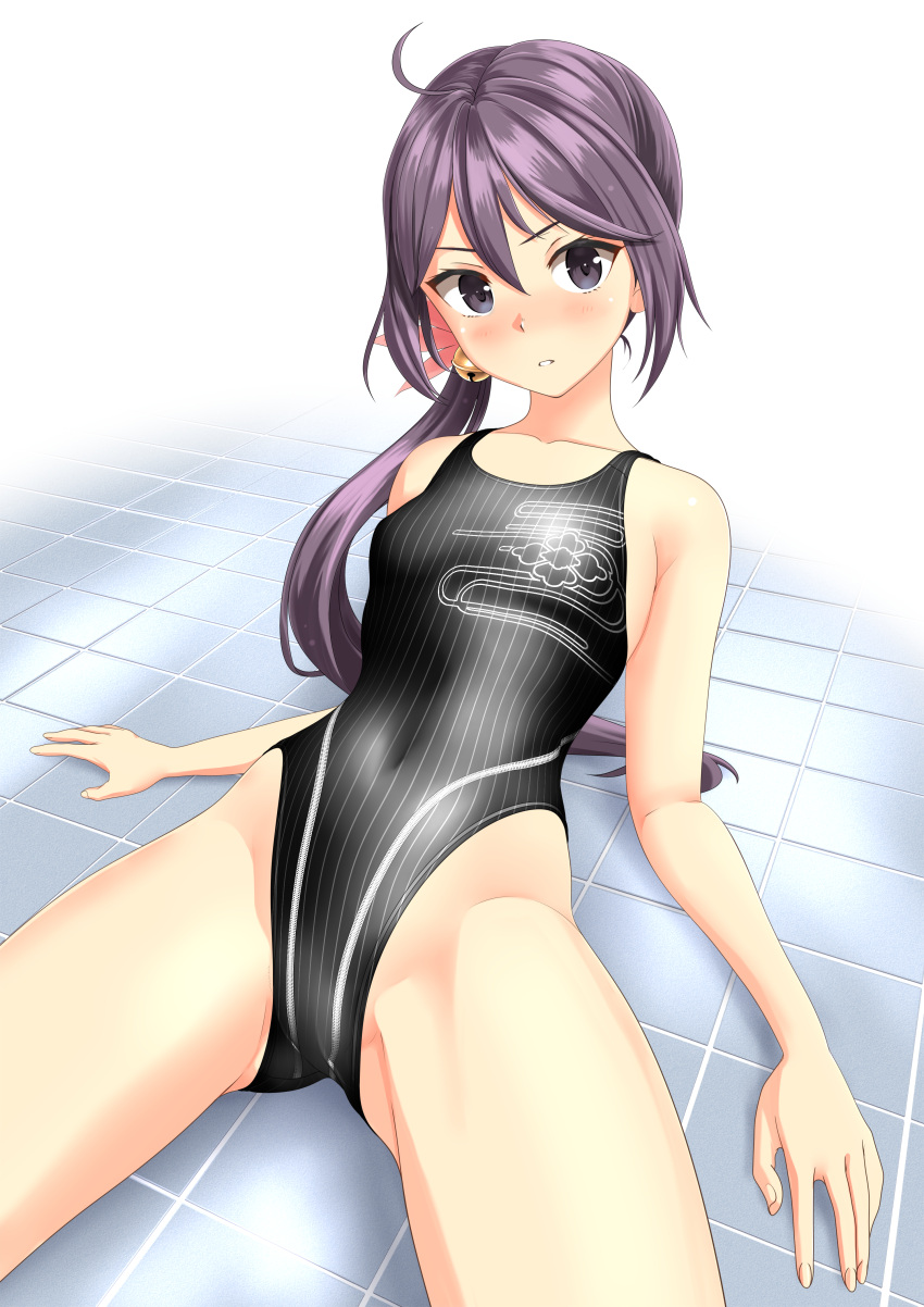 1girl absurdres ahoge akebono_(kancolle) bell black_eyes black_swimsuit blush collarbone competition_swimsuit covered_navel cowboy_shot flat_chest flower hair_bell hair_flower hair_ornament highres jingle_bell kantai_collection long_hair looking_at_viewer lying one-piece_swimsuit purple_hair side_ponytail solo striped striped_swimsuit swimsuit takafumi tile_floor tiles very_long_hair
