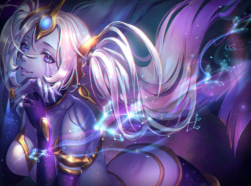 1girl alternate_costume armlet bare_shoulders blue_eyes collarbone colored_skin constellation facial_mark fingerless_gloves fingernails gloves hair_between_eyes league_of_legends long_hair looking_at_viewer nami_(league_of_legends) nyaamen_fork parted_lips purple_gloves purple_skin smile solo sparkle spikes twintails violet_eyes white_hair