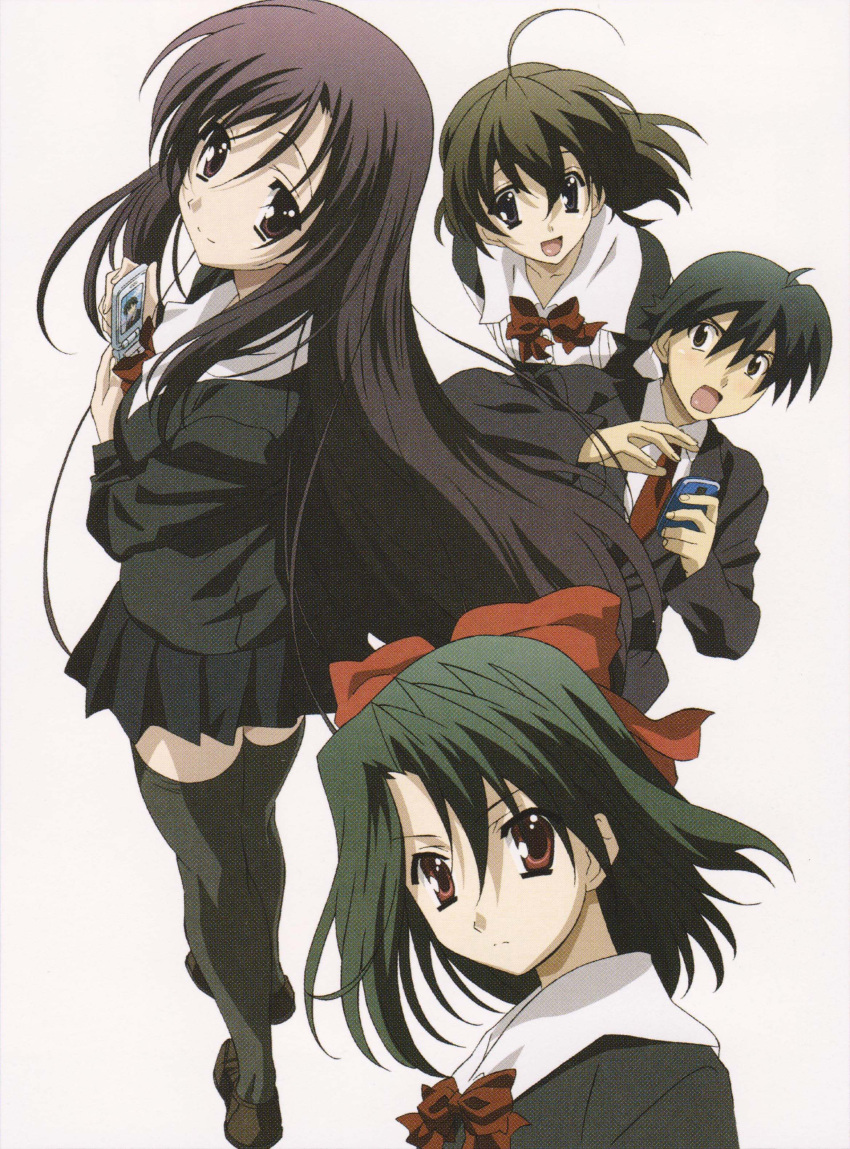 1boy 3girls absurdres artbook artist_request black_hair brown_eyes brown_hair cellphone color_halftone color_issue dark_green_hair flip_phone hair_ribbon highres itou_makoto katsura_kotonoha kiyoura_setsuna looking_at_viewer multiple_girls official_art phone red_eyes red_ribbon ribbon saionji_sekai scan scan_artifacts school_days school_uniform simple_background white_background