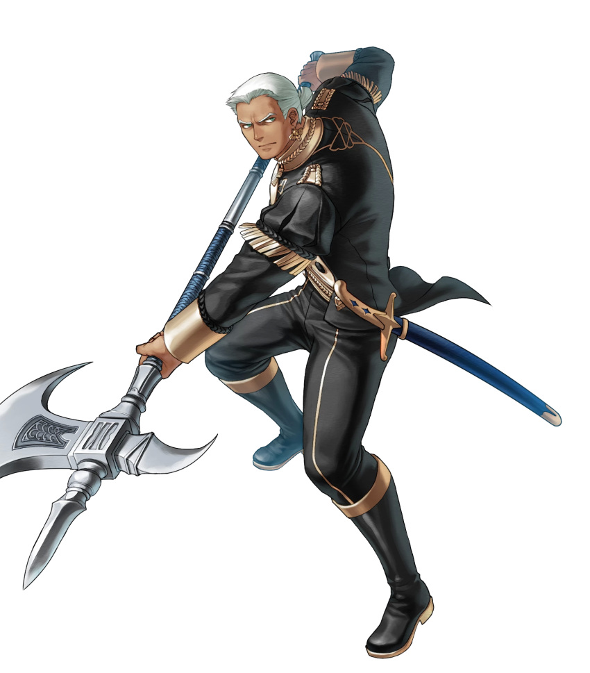 1boy axe black_footwear black_jacket black_pants boots dedue_molinaro earrings fire_emblem fire_emblem:_three_houses fire_emblem_heroes forehead garreg_mach_monastery_uniform green_eyes highres holding holding_axe holding_weapon jacket jewelry kita_senri long_sleeves looking_at_viewer male_focus official_art pants scabbard sheath sheathed short_hair silver_hair standing sword transparent_background weapon