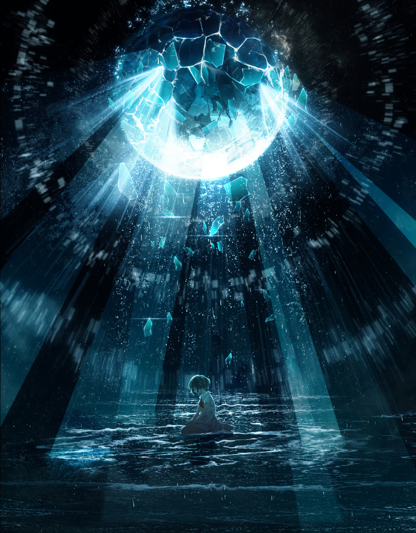 1girl absurdres brown_hair dress hands_together highres looking_down neckerchief orb original red_neckwear scenery seiza shallow_water shattered short_hair sitting solo water white_dress y_y_(ysk_ygc)