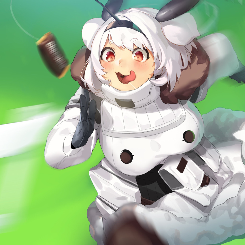 1girl :3 bangs black_gloves black_legwear blurry breasts candy candy_bar coat eyebrows_visible_through_hair food fur_coat gloves highres huge_breasts jam_(nandade) last_origin open_mouth parody pouch running saliva solo t-13_alvis tongue umamusume white_coat white_hair