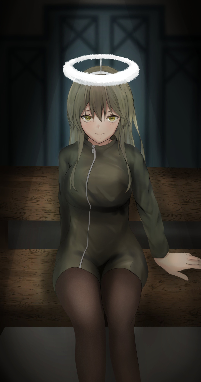 1girl absurdres black_legwear brown_hair camouflage camouflage_jacket closed_mouth eyebrows_visible_through_hair fake_halo girls_frontline green_eyes halo hand_on_back highres jacket long_hair looking_at_viewer pantyhose simple_background sitting smile solo tagme taishi_karibe ump40_(girls_frontline)