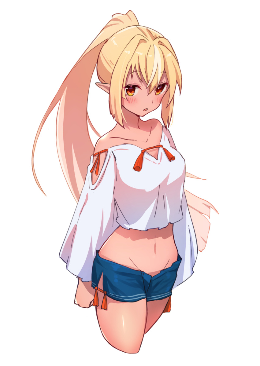 1girl alternate_costume bare_shoulders blonde_hair blue_shorts blush breasts casual clothing_cutout collarbone commentary cowboy_shot crop_top crop_top_overhang eyebrows_visible_through_hair hair_between_eyes highres hololive long_hair long_sleeves looking_at_viewer medium_breasts midriff multicolored_hair navel off-shoulder_shirt off_shoulder open_mouth pointy_ears ponytail red_eyes sasaki_(glass1138) shiranui_flare shirt short_shorts shorts shoulder_cutout side_slit simple_background solo streaked_hair symbol_commentary tassel thighs two-tone_hair virtual_youtuber white_background white_hair white_shirt