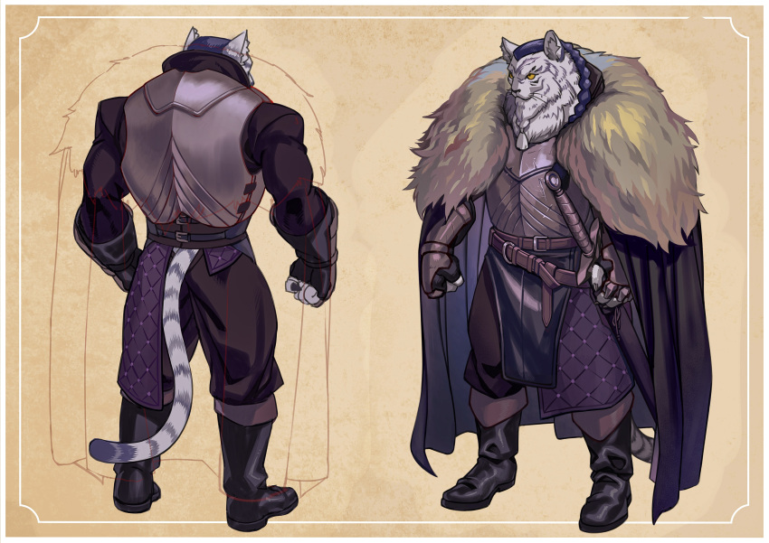 1boy absurdres armor beard belt black_footwear boots braid cape clenched_hand colored_sclera facial_hair fur_trim furry gauntlets highres magna13 male_focus multiple_views pixiv_fantasia_mountain_of_heaven robert_vederkov sheath sheathed simple_background standing tail yellow_sclera