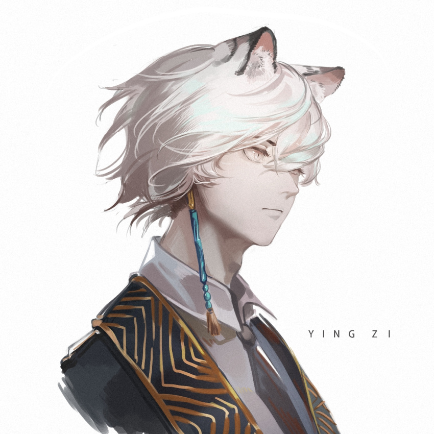 1boy animal_ear_fluff animal_ears arknights artist_name black_neckwear closed_mouth film_grain hair_between_eyes male_focus necktie silverash_(arknights) simple_background slit_pupils solo upper_body white_background white_eyes white_hair yingzi