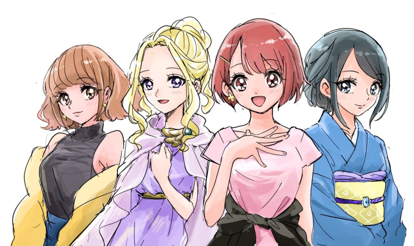 4girls bare_shoulders blonde_hair blue_eyes blue_hair blush brown_eyes brown_hair commentary_request dress earrings eyelashes fuurin_asumi hair_ornament hairclip hanadera_nodoka happy healin'_good_precure highres hiramitsu_hinata japanese_clothes jewelry long_hair looking_at_viewer multiple_girls older open_mouth pre221b precure sawaizumi_chiyu shirt short_hair simple_background sketch smile star_(symbol) star_earrings turtleneck violet_eyes white_background