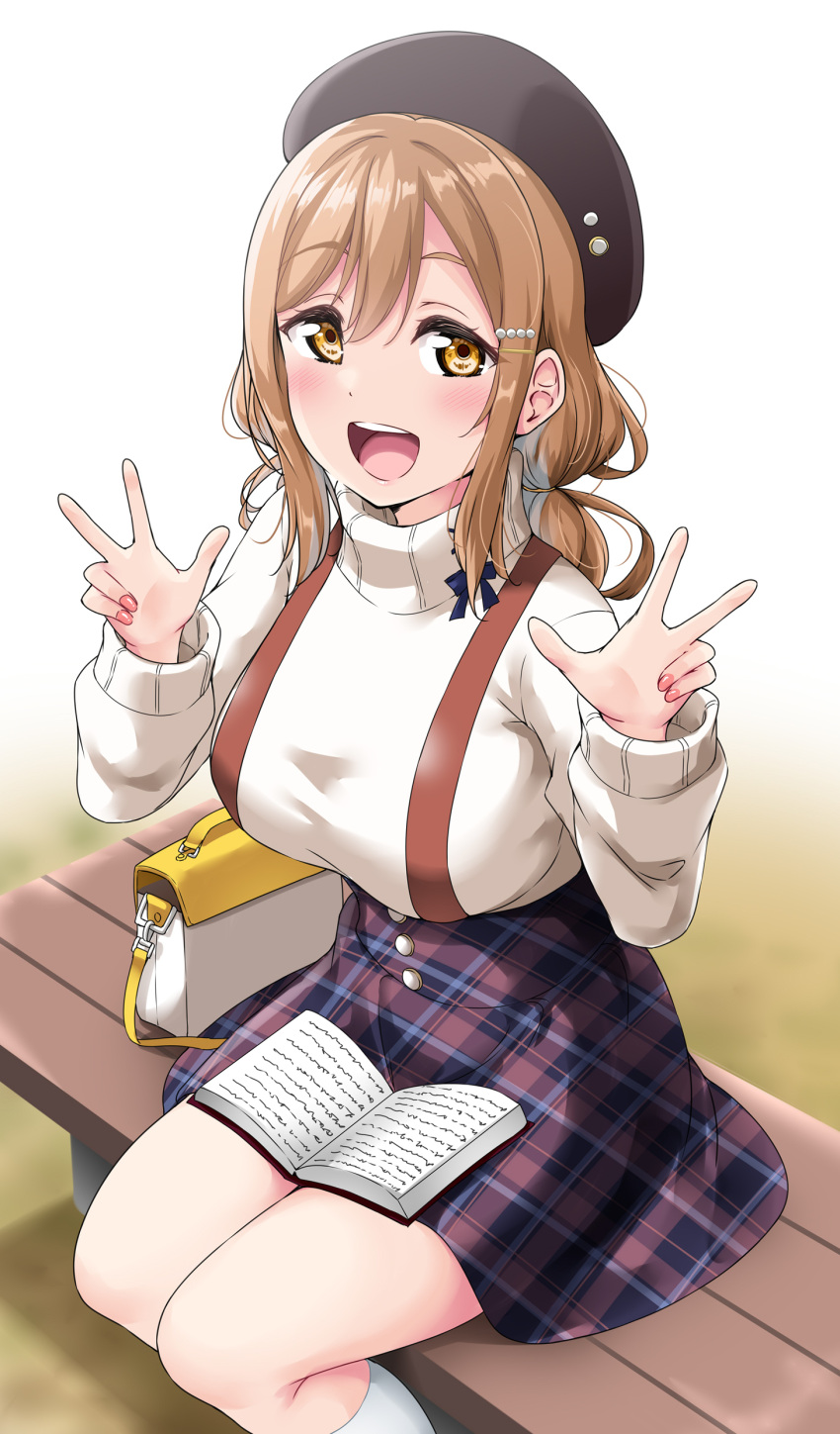1girl :d absurdres bag bangs bench beret black_bow black_headwear blush bow breasts brown_hair eyebrows_visible_through_hair gradient gradient_background hair_between_eyes hair_ornament hairclip handbag hat highres kunikida_hanamaru large_breasts long_sleeves looking_at_viewer love_live! love_live!_sunshine!! multicolored multicolored_clothes multicolored_skirt nail_polish on_bench open_mouth plaid plaid_skirt sidelocks sitting sitting_on_bench skirt smile socks solo suspender_skirt suspenders sweater turtleneck turtleneck_sweater twintails upper_body v white_legwear white_sweater yellow_eyes yopparai_oni
