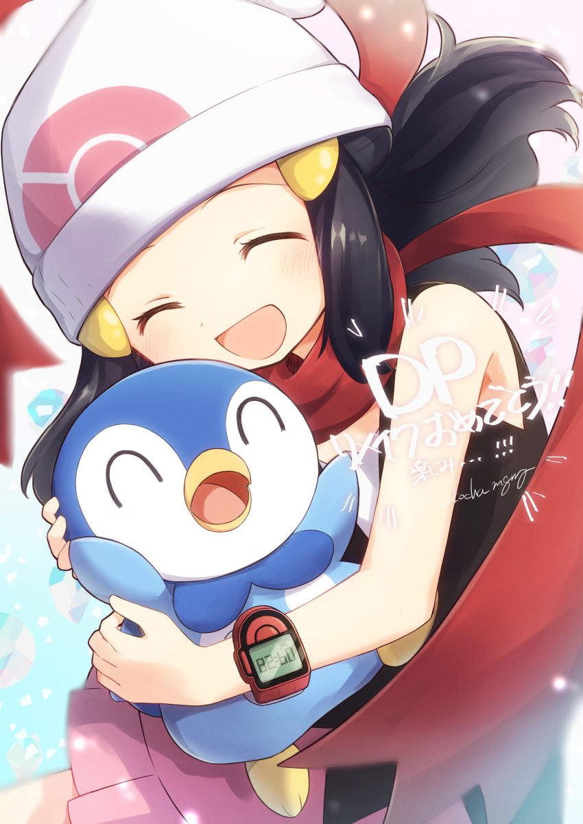 1girl ^_^ absurdres aqua_background bangs bare_arms beanie black_hair blurry closed_eyes clothes_lift hikari_(pokemon) depth_of_field diamond_(gemstone) dot_nose dress facing_viewer floating_hair gem gen_4_pokemon gradient gradient_background hair_ornament hairclip happy hat highres hug laughing layered_dress light_blush light_particles medium_hair open_mouth piplup pokemon pokemon_(creature) pokemon_(game) pokemon_dppt poketch red_neckwear red_scarf rilafm345 scarf shiny shiny_hair short_dress sidelighting simple_background sleeveless sleeveless_dress solo tareme translation_request two-tone_dress upper_body vignetting watch watch white_background white_headwear