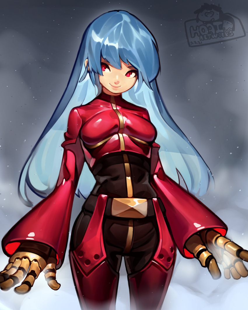 1girl bangs belt blue_hair blush bodysuit breasts chaps cropped_jacket cryokinesis gloves highres hoai_vu jacket kula_diamond long_hair looking_at_viewer medium_breasts red_eyes simple_background smile solo the_king_of_fighters the_king_of_fighters_2000 violet_eyes zipper