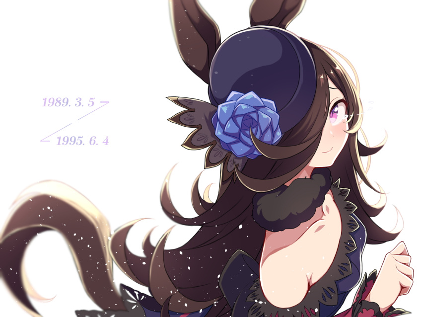 1girl animal_ears bare_shoulders blush breasts brown_hair hair_over_one_eye hat horse_ears horse_tail looking_at_viewer rice_shower simple_background smile solo tail tears umamusume vantrush violet_eyes white_background