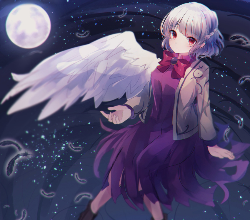 1girl angel_wings arm_support bangs beige_jacket blurry bow bowtie braid breasts brooch closed_mouth dark_background depth_of_field dress expressionless eyebrows_visible_through_hair falling_feathers feet_out_of_frame french_braid full_moon highres jacket jewelry kishin_sagume light_particles long_sleeves looking_at_viewer medium_breasts moon moshihimechan open_clothes open_jacket purple_dress red_bow red_eyes red_neckwear short_hair silver_hair single_wing sitting solo touhou wings