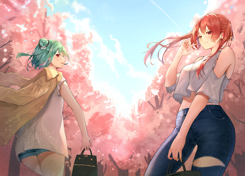 2girls absurdres aqua_hair bag blue_pants breasts cherry_blossoms cowboy_shot denim denim_shorts hair_bun handbag heterochromia highres hololive houshou_marine huge_filesize jacket jeans looking_at_viewer medium_breasts medium_hair midriff multiple_girls open_mouth pants red_eyes redhead shiina_aoi shirt shorts sunlight taut_clothes torn_clothes torn_jeans torn_pants twintails uruha_rushia virtual_youtuber white_shirt yellow_jacket zipper