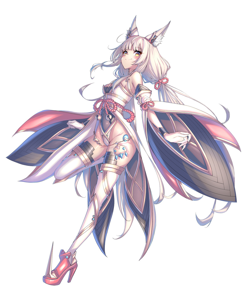 1girl animal_ears bangs bare_shoulders blush breasts detached_sleeves facial_mark full_body gloves hakusai_(hksicabb) high_heels highleg highleg_leotard highres leotard long_hair low_twintails nia_(blade)_(xenoblade) nia_(xenoblade) red_footwear silver_hair simple_background small_breasts smile solo thigh-highs twintails very_long_hair white_background white_gloves xenoblade_chronicles_(series) xenoblade_chronicles_2 yellow_eyes