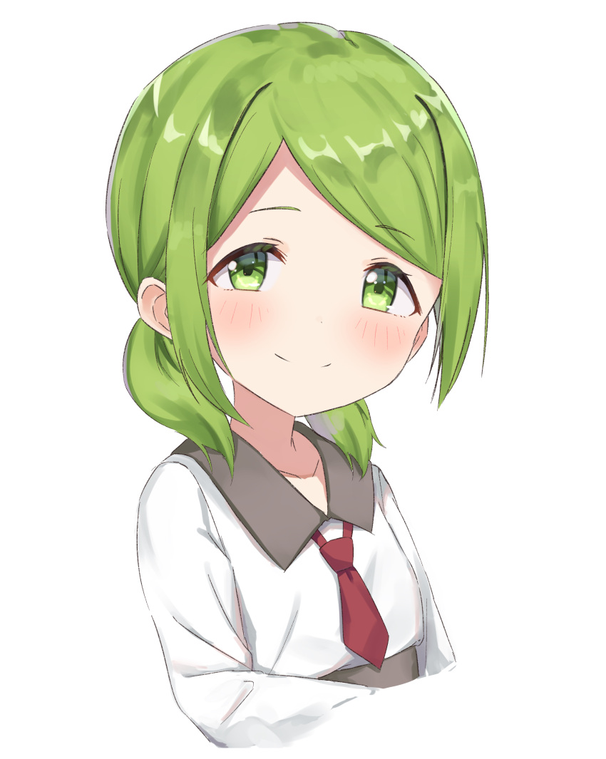 1girl absurdres bangs blush closed_mouth collarbone collared_shirt cropped_torso eyebrows_visible_through_hair green_eyes green_hair highres looking_at_viewer low_twintails morinaka_kazaki necktie nijisanji red_neckwear shirt short_necktie short_twintails simple_background smile solo swept_bangs twintails upper_body virtual_youtuber white_background white_shirt yotsugi