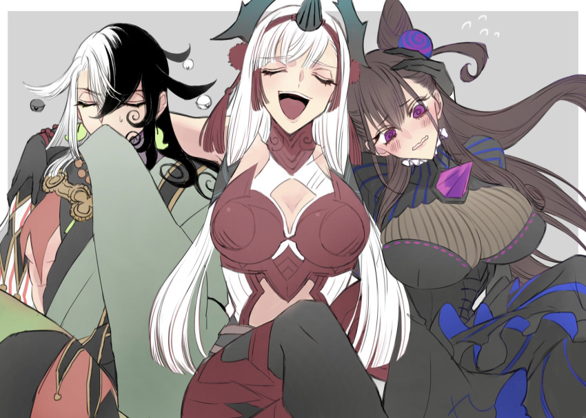 1boy 2girls @_@ amethyst_(gemstone) androgynous armor armored_dress ashiya_douman_(fate) asymmetrical_clothes asymmetrical_hair bell black_dress black_gloves black_hair border breasts closed_eyes clothing_cutout commentary_request corset curly_hair detached_sleeves double_bun dress earrings embarrassed fate/grand_order fate_(series) feathers gloves green_kimono grey_background hadanugi_dousa hair_bell hair_between_eyes hair_cones hair_intakes hair_ornament highres japanese_clothes jewelry juliet_sleeves kiichi_hougen_(fate) kimono large_breasts long_hair long_sleeves magatama magatama_earrings multicolored_hair multiple_girls murasaki_shikibu_(fate) navel_cutout nervous ojou-sama_pose onmyouji open_clothes open_kimono puff_and_slash_sleeves puffy_sleeves raikoko19 red_armor ribbed_sleeves single_detached_sleeve small_breasts smug sweat tassel toned toned_male two-tone_hair very_long_fingernails very_long_hair violet_eyes wavy_mouth white_border white_hair wide_sleeves