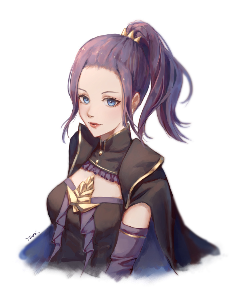 1girl absurdres artist_name black_coat blue_eyes closed_mouth coat detached_sleeves hair_ornament highres long_hair original ponytail purple_hair purple_sleeves shiny shiny_hair sidelocks simple_background smile solo white_background zieru