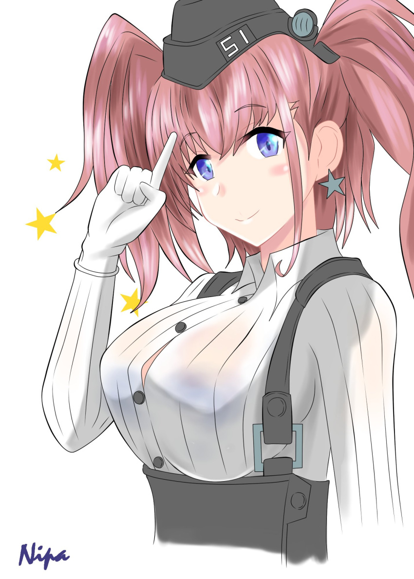 1girl anchor_hair_ornament artist_name atlanta_(kancolle) black_headwear blue_eyes breasts brown_hair cropped_torso dress_shirt earrings garrison_cap gloves hair_ornament hat highres jewelry kantai_collection large_breasts long_hair long_sleeves looking_at_viewer nipa_(graf_xsr900) partially_fingerless_gloves salute shirt simple_background solo star_(symbol) star_earrings suspenders two_side_up white_background white_gloves white_shirt