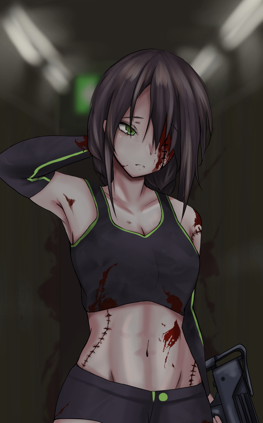 1girl absurdres black_gloves black_tank_top blood blood_on_face bloody_clothes breasts brown_hair closed_mouth collarbone elbow_gloves eyebrows_visible_through_hair girls_frontline gloves green_eyes hand_on_head highres holding holding_weapon long_hair looking_down mac-10_(girls_frontline) navel scar scar_across_eye scar_on_arm scar_on_face scar_on_stomach simple_background small_breasts solo standing taishi_karibe tank_top weapon