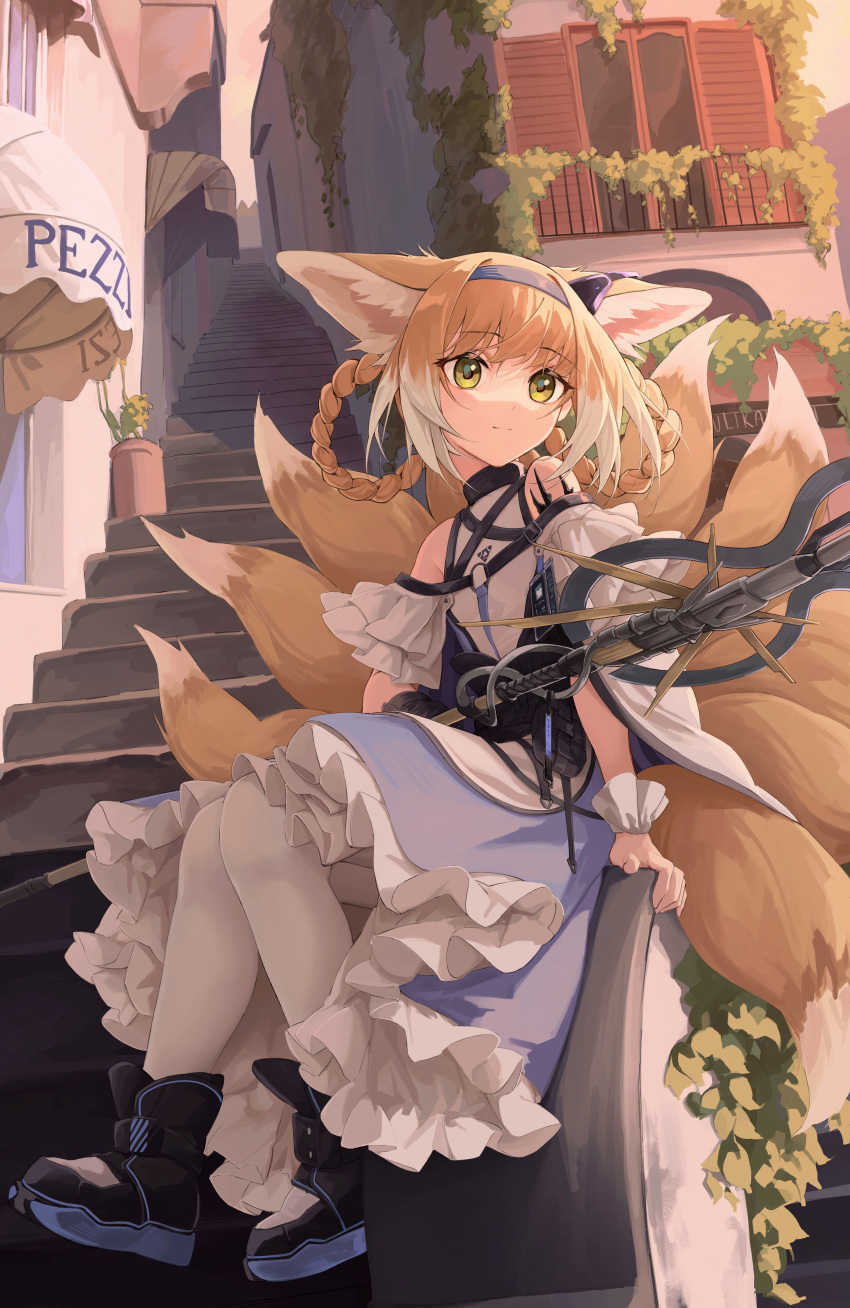 1girl absurdres animal_ears arknights bare_shoulders blue_hairband boots city commentary_request day dress eyebrows_visible_through_hair fox_ears fox_girl fox_tail frilled_dress frills green_eyes hair_rings hairband highres holding holding_staff kitsune kyuubi light_brown_hair multicolored_hair multiple_tails off-shoulder_dress off_shoulder outdoors pantyhose rui_(rei_leyi) shirt short_sleeves sitting solo staff stairs suzuran_(arknights) tail white_hair white_legwear white_shirt wristband