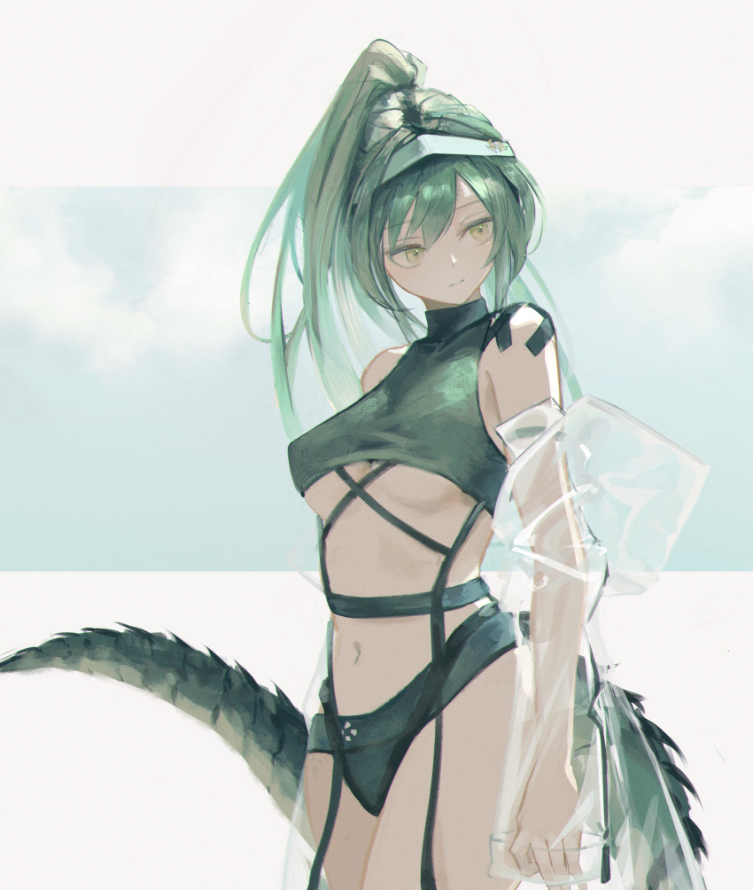 1girl 7ife absurdres arknights bangs bare_shoulders blue_hairband breasts casual_one-piece_swimsuit cowboy_shot crocodilian_tail eyebrows_visible_through_hair gavial_(arknights) green_hair green_swimsuit hairband highres long_hair long_sleeves looking_back medium_breasts navel off_shoulder one-piece_swimsuit parted_lips ponytail see-through solo stomach swimsuit tail under_boob yellow_eyes