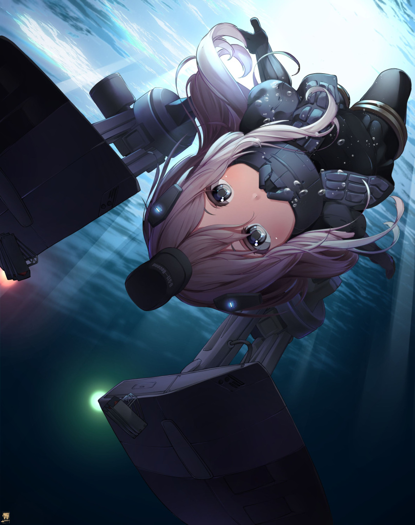 1girl absurdres artist_logo black_dress blonde_hair blue_eyes blush cropped_jacket dress elbow_gloves garrison_cap gloves grey_gloves grey_headwear grey_jacket hair_between_eyes hat hibiki_zerocodo highres jacket kantai_collection long_hair machinery rigging short_sleeves solo u-511_(kancolle) underwater upside-down