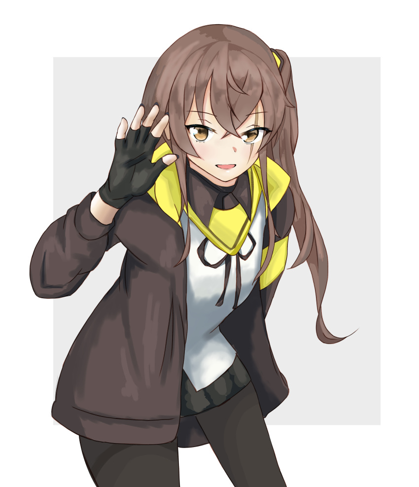 1girl absurdres bangs black_gloves black_legwear black_skirt brown_eyes brown_hair brown_jacket eyebrows_visible_through_hair fingerless_gloves girls_frontline gloves hand_on_back hand_up highres jacket leaning_forward long_hair looking_at_viewer open_clothes open_jacket open_mouth pantyhose scar scar_across_eye shirt simple_background skirt solo standing taishi_karibe ump45_(girls_frontline) white_shirt