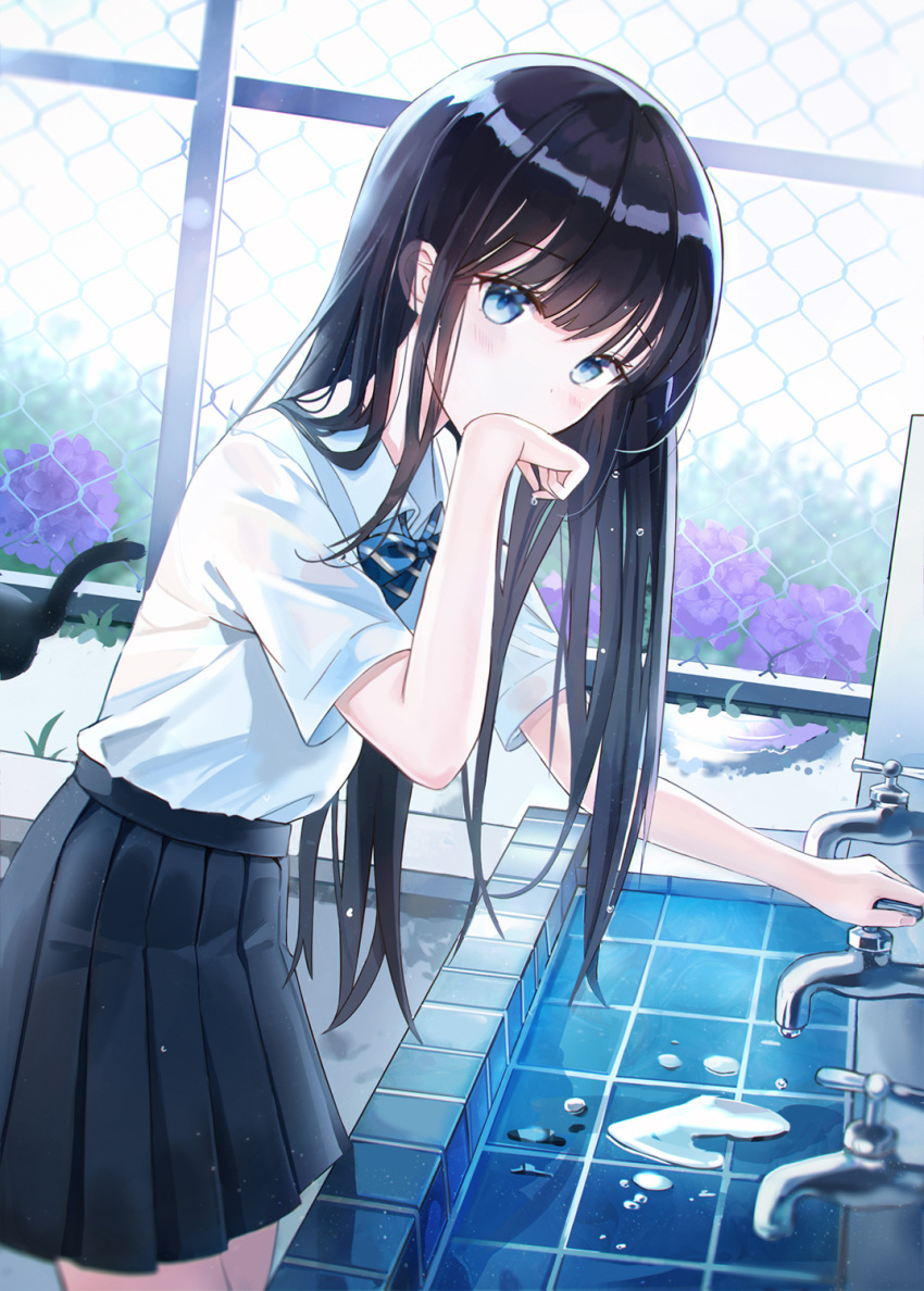 1girl bangs black_hair black_skirt blue_bow blue_eyes blue_neckwear blurry blurry_background blush bow cat chain-link_fence collared_shirt commentary cowboy_shot day depth_of_field diagonal_stripes eyebrows_visible_through_hair faucet fence flower hand_to_own_mouth highres hydrangea iren_lovel leaning_forward long_hair looking_at_viewer original outdoors pleated_skirt puddle purple_flower revision school_uniform serafuku shirt shirt_tucked_in short_sleeves skirt solo striped striped_bow striped_neckwear very_long_hair water white_shirt