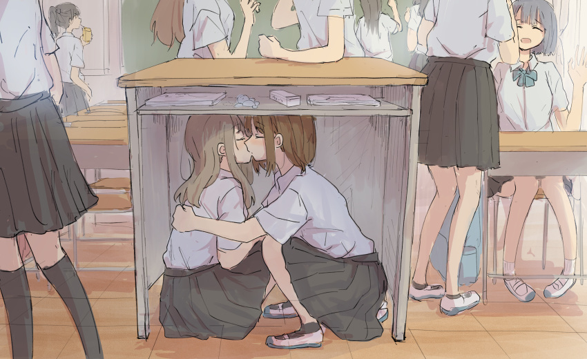 6+girls absurdres betock black_skirt blonde_hair blurry brown_hair classroom collared_shirt desk highres indoors kiss long_hair medium_hair multiple_girls original pleated_skirt school_uniform shirt shoes short_sleeves skirt squatting under_table uniform white_footwear white_shirt yuri