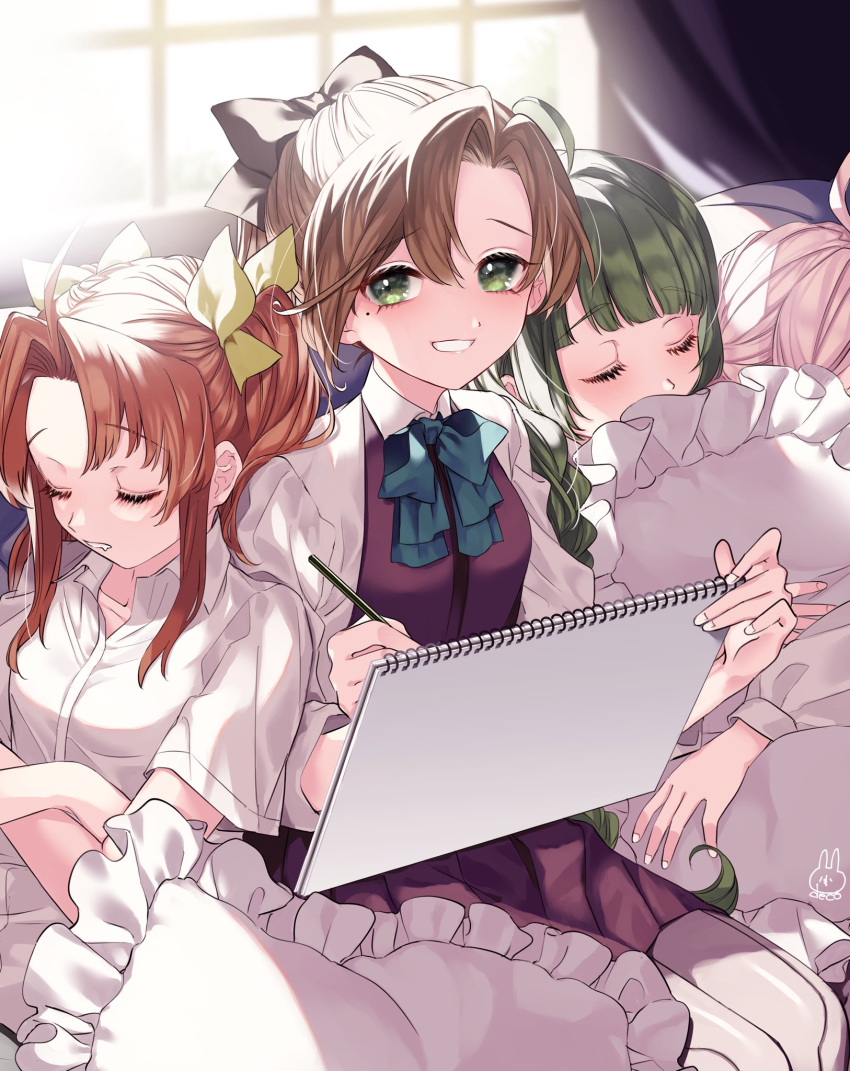 4girls ahoge akigumo_(kancolle) bangs blue_neckwear bow bowtie braid brown_hair closed_eyes crossed_arms deco_(geigeki_honey) dress eyebrows_visible_through_hair green_eyes green_hair grey_legwear hair_bow hair_ribbon highres holding holding_pencil holding_sketchbook indoors kagerou_(kancolle) kantai_collection long_hair looking_at_viewer makigumo_(kancolle) mole mole_under_eye multiple_girls orange_hair pantyhose pencil pillow pillow_hug pink_hair ponytail purple_dress ribbon shirt short_sleeves sidelocks signature single_braid sitting sketchbook sleeping sleeping_on_person sleeping_upright twintails white_shirt window yuugumo_(kancolle)