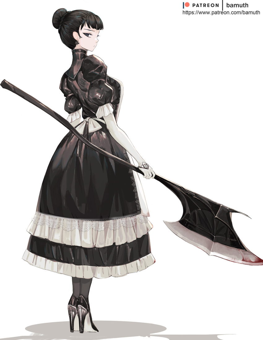 1girl axe back bamuth black_footwear black_hair black_legwear blood bloody_weapon blue_eyes breasts dress earrings full_body hair_bun high_heels highres holding holding_axe jewelry looking_at_viewer original solo weapon white_background
