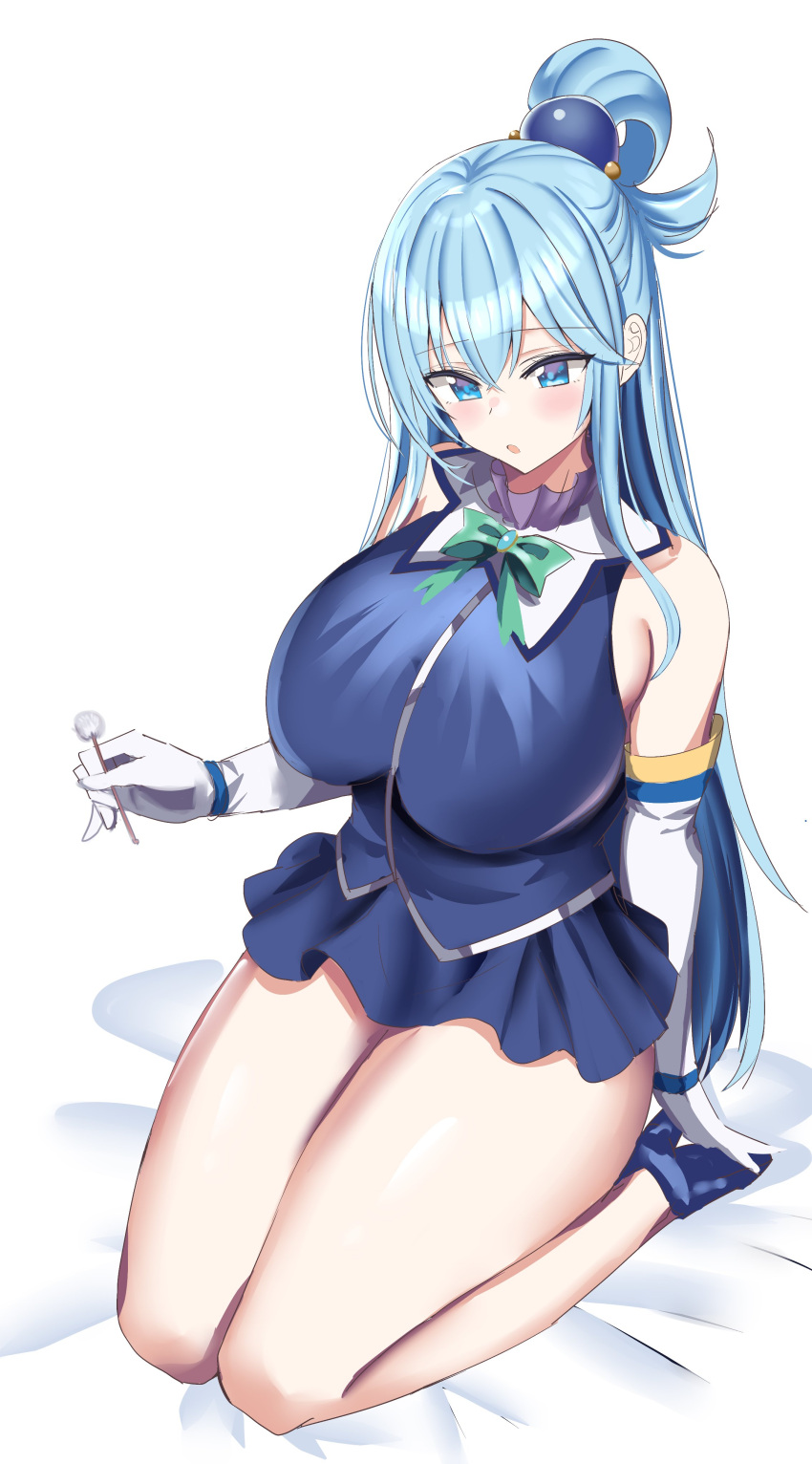 1girl absurdres alternate_breast_size aqua_(konosuba) bare_legs bed_sheet blue_eyes blue_footwear blue_shirt blue_skirt blush bow bowtie breasts collar commentary elbow_gloves eyebrows_visible_through_hair frilled_collar frills full_body gloves green_bow green_neckwear hair_between_eyes hair_bobbles hair_ornament hair_rings hanasaka_houcha high_heels highres holding huge_breasts kono_subarashii_sekai_ni_shukufuku_wo! light_blue_hair long_hair looking_down mimikaki miniskirt open_mouth pleated_skirt seiza shirt simple_background sitting skirt sleeveless sleeveless_shirt solo straight_hair thick_thighs thighs white_background white_gloves