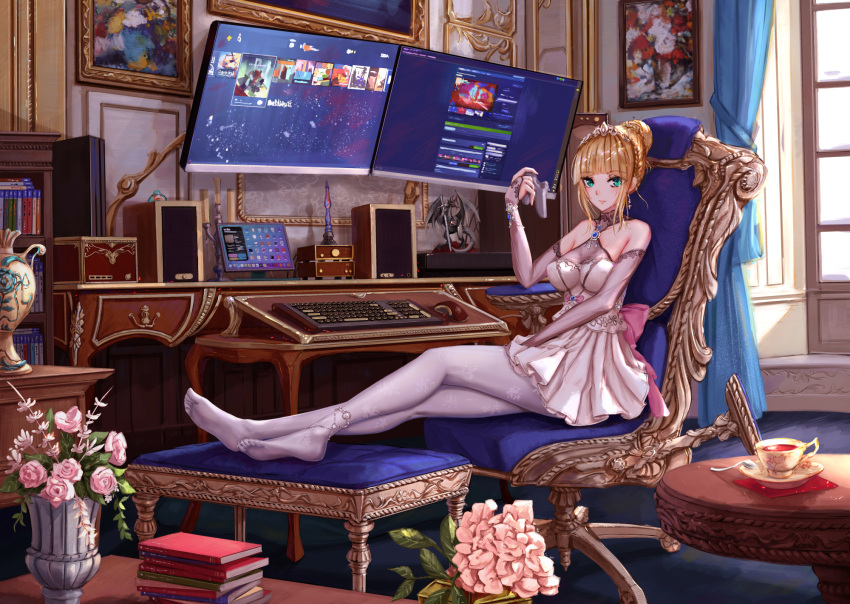 1girl bare_shoulders black_tea blonde_hair book chair computer cup dress elbow_gloves feet feet_on_chair flower gloves green_eyes highres jewelry keyboard_(computer) looking_at_viewer medium_hair monitor mouse_(computer) no_shoes original pantyhose rococo_movement skirt soles table tea teacup thigh-highs white_dress white_legwear yuzuriha