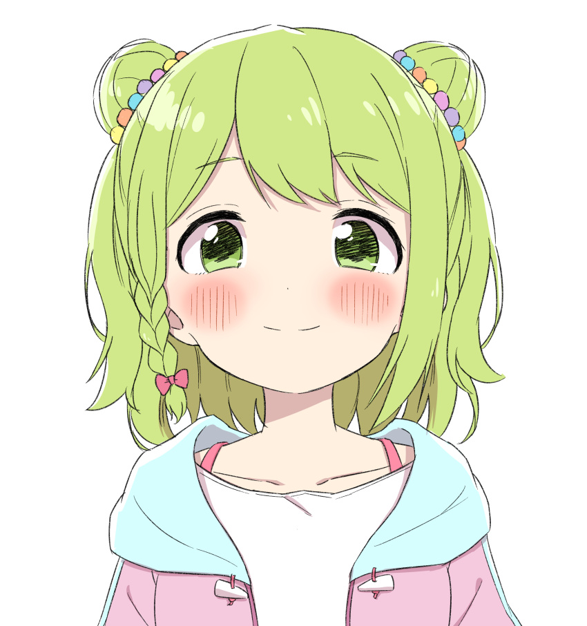 1girl absurdres bangs blush bow braid closed_mouth collarbone double_bun drawstring eyebrows_visible_through_hair green_eyes green_hair hair_bow highres jacket looking_at_viewer morinaka_kazaki nijisanji open_clothes open_jacket pink_bow pink_jacket shirt side_braid simple_background single_braid smile solo upper_body virtual_youtuber white_background white_shirt yotsugi