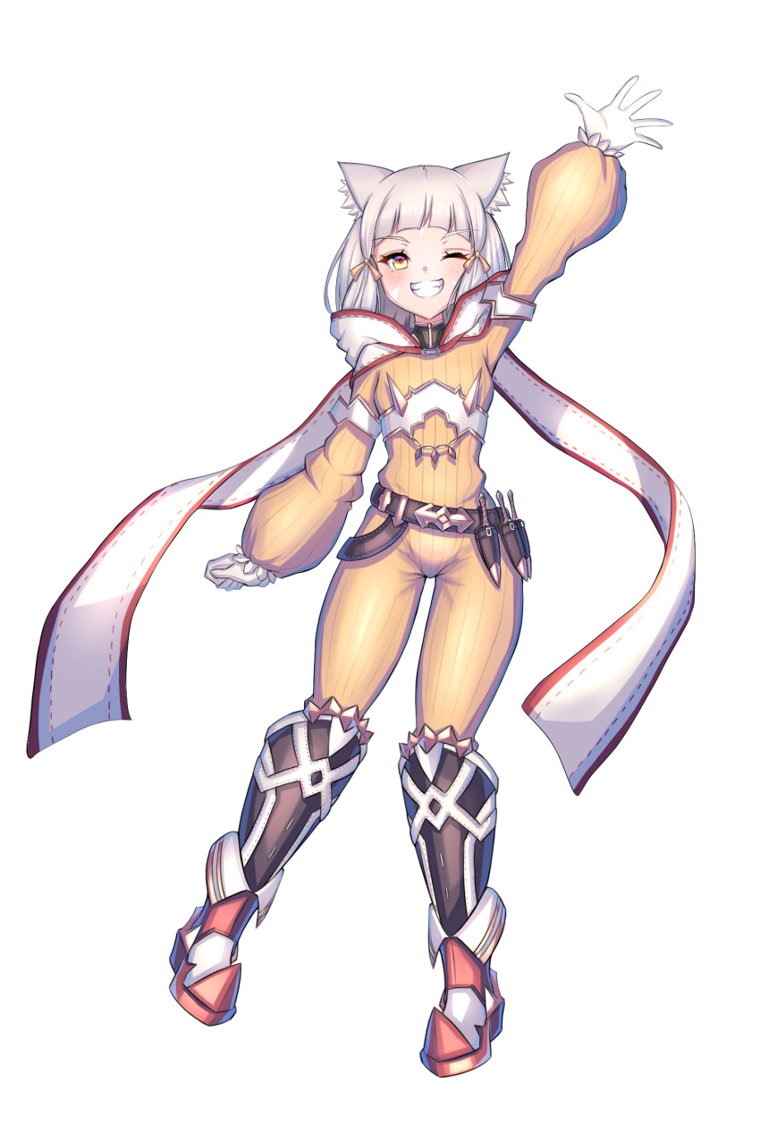 1girl animal_ears arm_up bangs blunt_bangs bodysuit breasts cat_ears dagger facial_mark full_body gloves grin hakusai_(hksicabb) highres nia_(xenoblade) one_eye_closed red_footwear short_hair silver_hair small_breasts smile solo waving weapon white_gloves xenoblade_chronicles_(series) xenoblade_chronicles_2 yellow_bodysuit yellow_eyes
