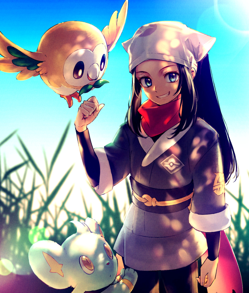 1girl akihorisu black_hair blue_eyes blurry clenched_hand clenched_teeth commentary_request day eyelashes female_protagonist_(pokemon_legends:_arceus) gen_4_pokemon gen_7_pokemon grass hair_scarf hand_up highres lens_flare long_hair looking_at_viewer outdoors pokemon pokemon_(creature) pokemon_(game) pokemon_legends:_arceus ponytail red_scarf rowlet sash scarf shinx sidelocks smile starter_pokemon teeth