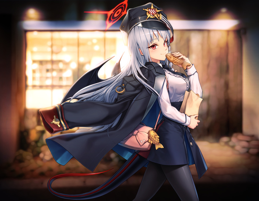 1girl bag black_legwear blue_archive blurry blurry_background breasts demon_tail demon_wings food halo haruna_(blue_archive) hat jacket medium_breasts military_hat necktie pantyhose paper_bag randle red_eyes smile solo tail taiyaki uniform wagashi window wings