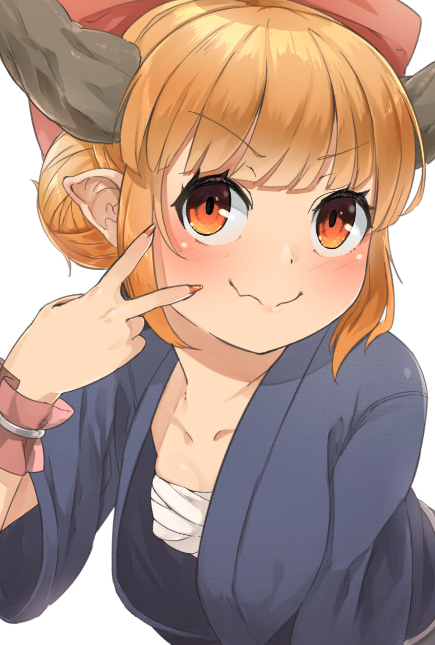1girl alternate_costume alternate_hairstyle bangs close-up closed_mouth collarbone commentary_request eyebrows_visible_through_hair face hair_bun hair_up hands highres horns ibuki_suika inward_v nishiuri open_clothes orange_eyes orange_hair pointy_ears sarashi simple_background smile solo touhou upper_body wavy_mouth white_background wrist_cuffs