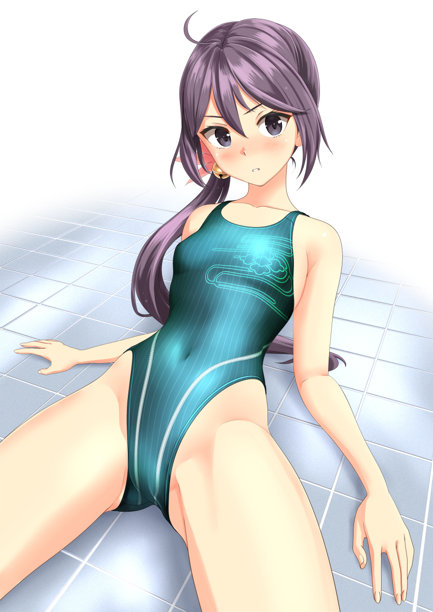 1girl absurdres ahoge akebono_(kancolle) aqua_swimsuit bell black_eyes blush collarbone competition_swimsuit covered_navel cowboy_shot flat_chest flower hair_bell hair_flower hair_ornament highres jingle_bell kantai_collection long_hair looking_at_viewer lying one-piece_swimsuit purple_hair side_ponytail solo striped striped_swimsuit swimsuit takafumi tile_floor tiles very_long_hair